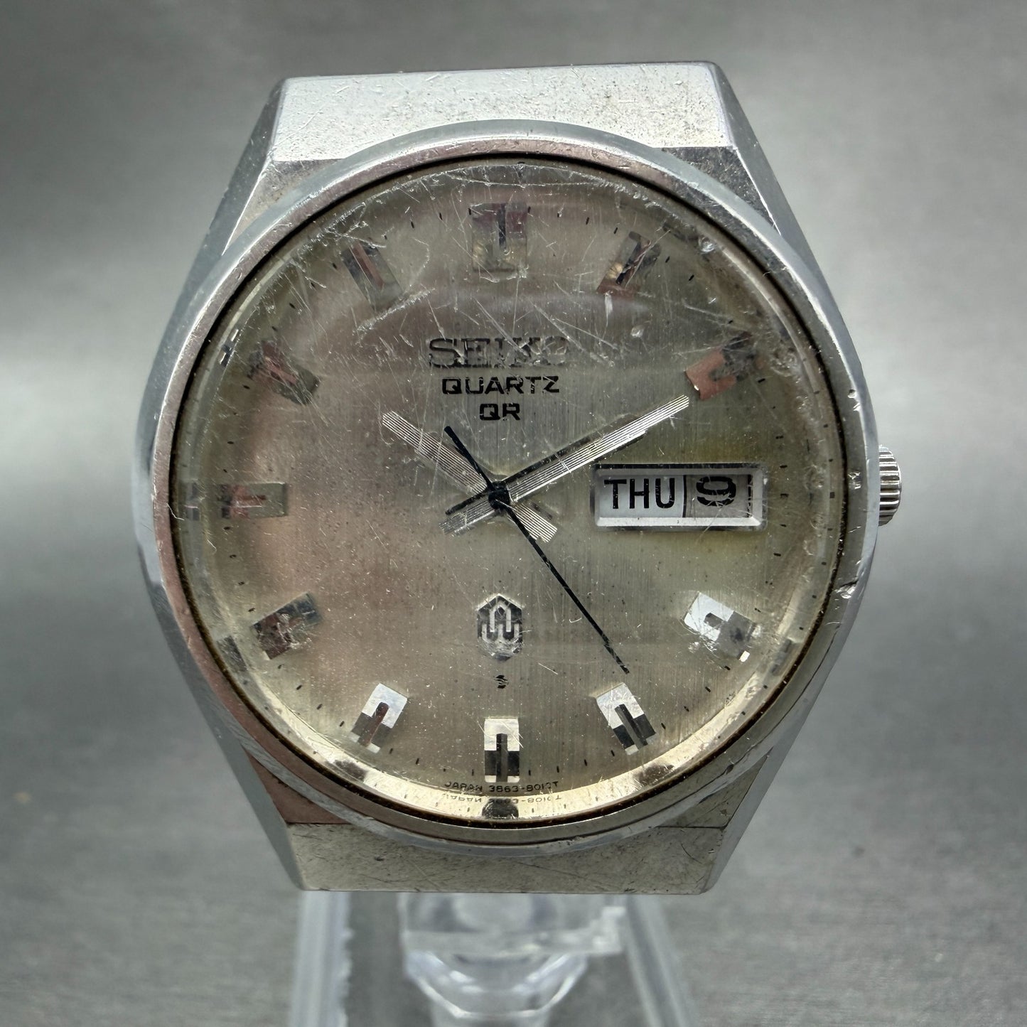 Seiko QR Watch Men 36mm Silver Dial Silver Tone Daydate 3863-8010 New Battery0