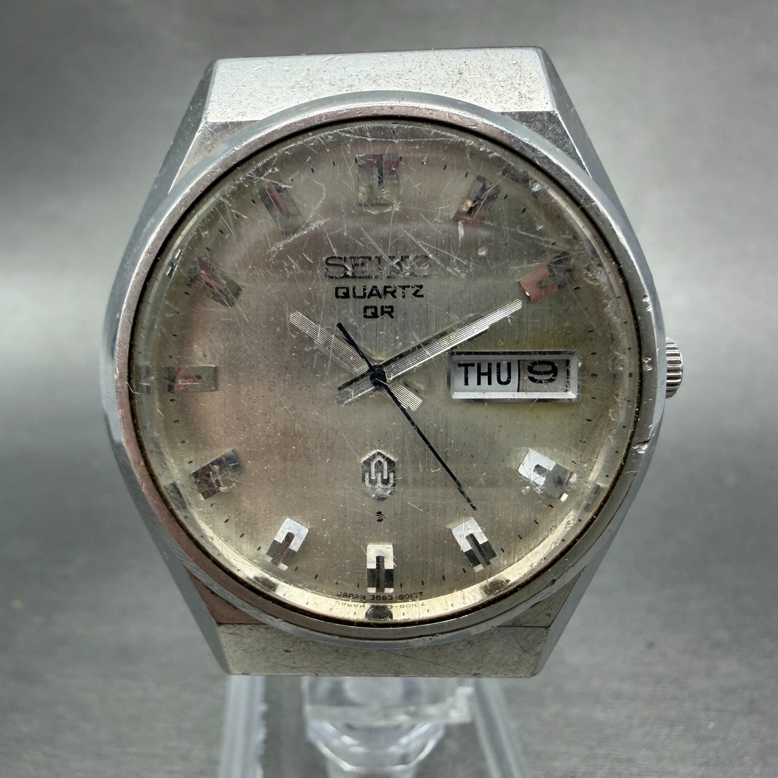 Seiko QR Watch Men 36mm Silver Dial Silver Tone Daydate 3863-8010 New Battery0