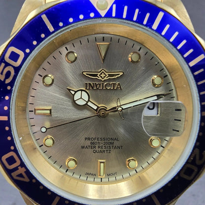 Invicta Pro Diver Watch Men 40mm Champagne Dial Gold Tone Date 14124 New Batt LH1