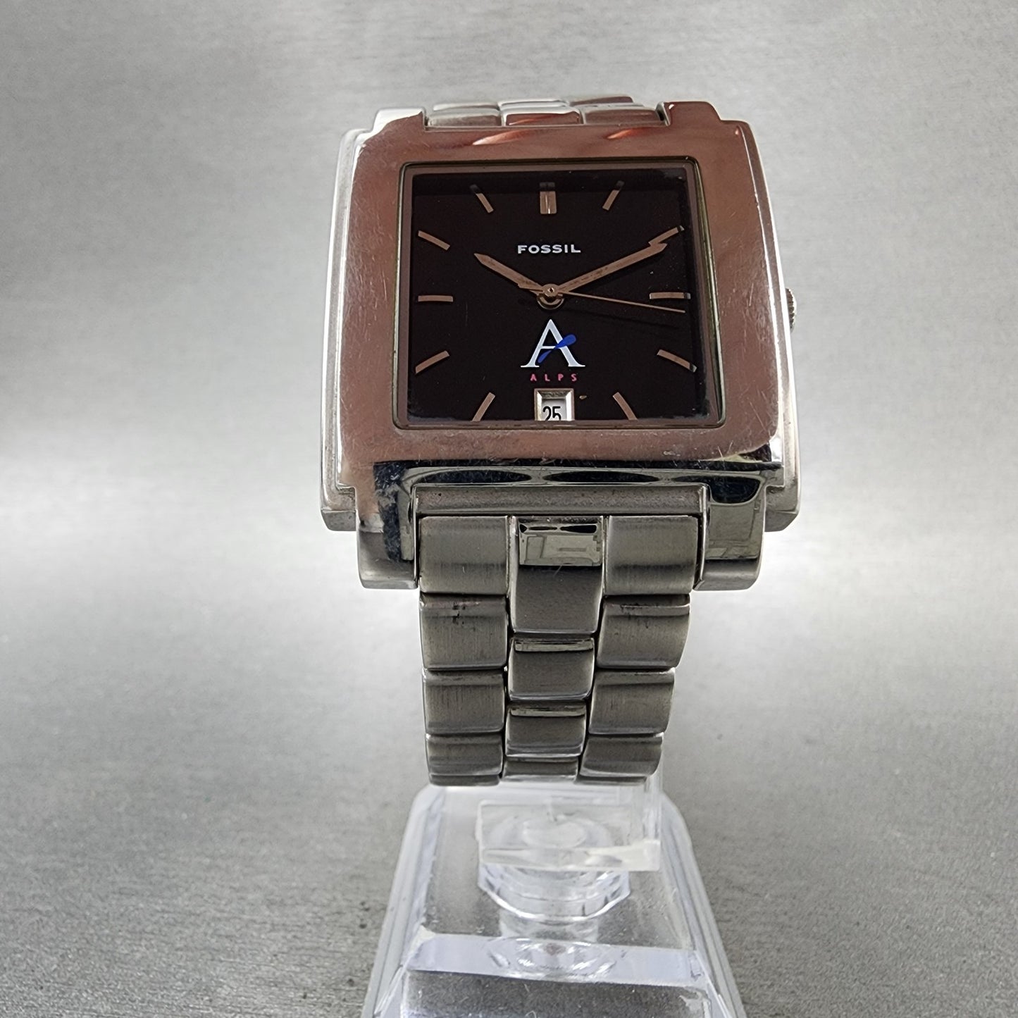 Fossil Tank Watch Men 29mm Black Dial Silver Tone Date Rectangle New Battery5