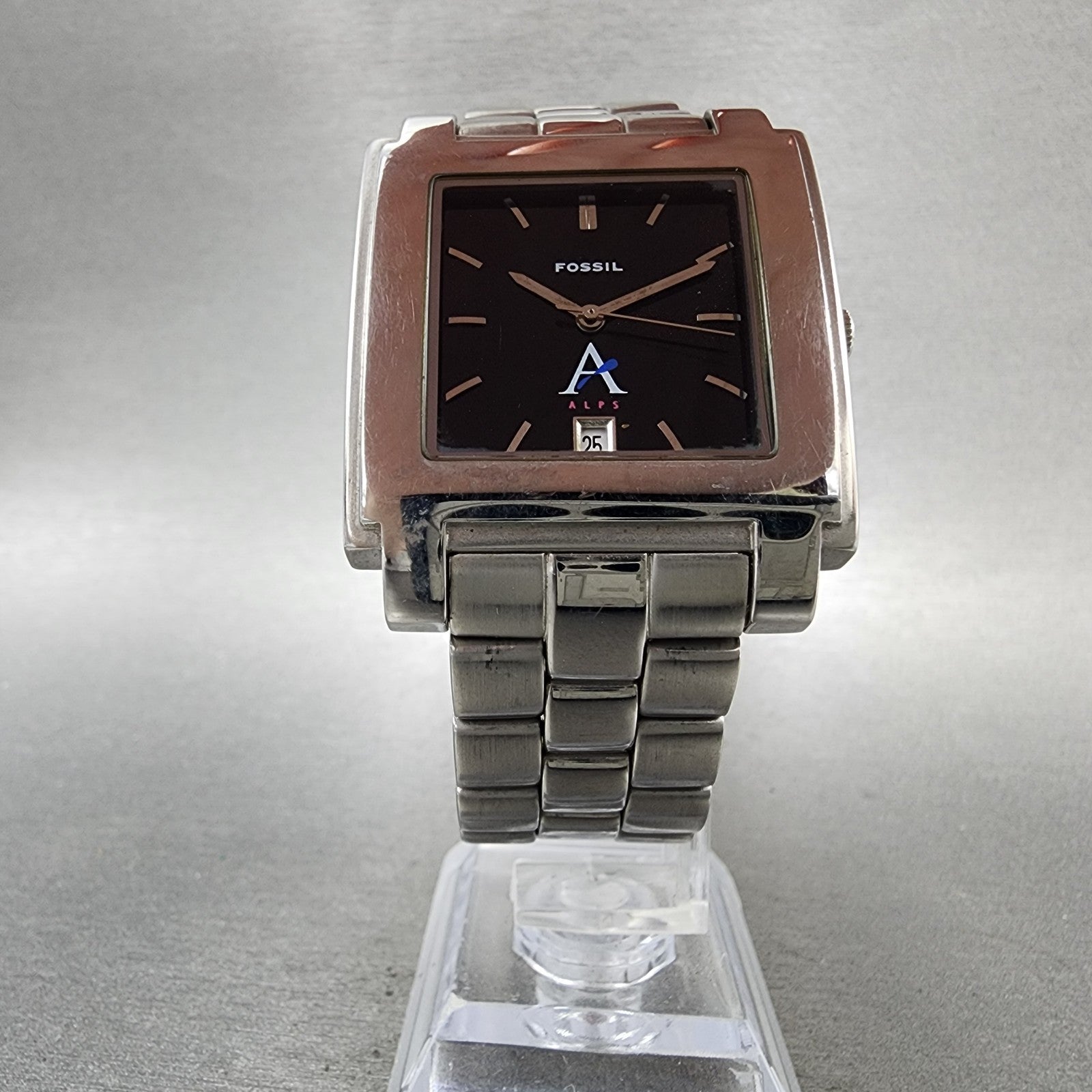 Fossil Tank Watch Men 29mm Black Dial Silver Tone Date Rectangle New Battery5