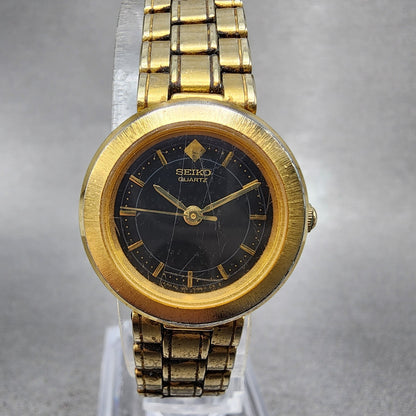 Seiko Watch Women 22mm Black Dial Gold Tone Round 1N010B10 New Battery VTG0
