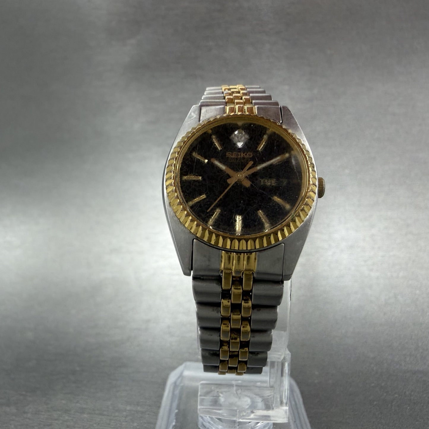 Seiko Watch Women 24mm Black Dial Two Tone Daydate Round 7N83-0041 New Batt5