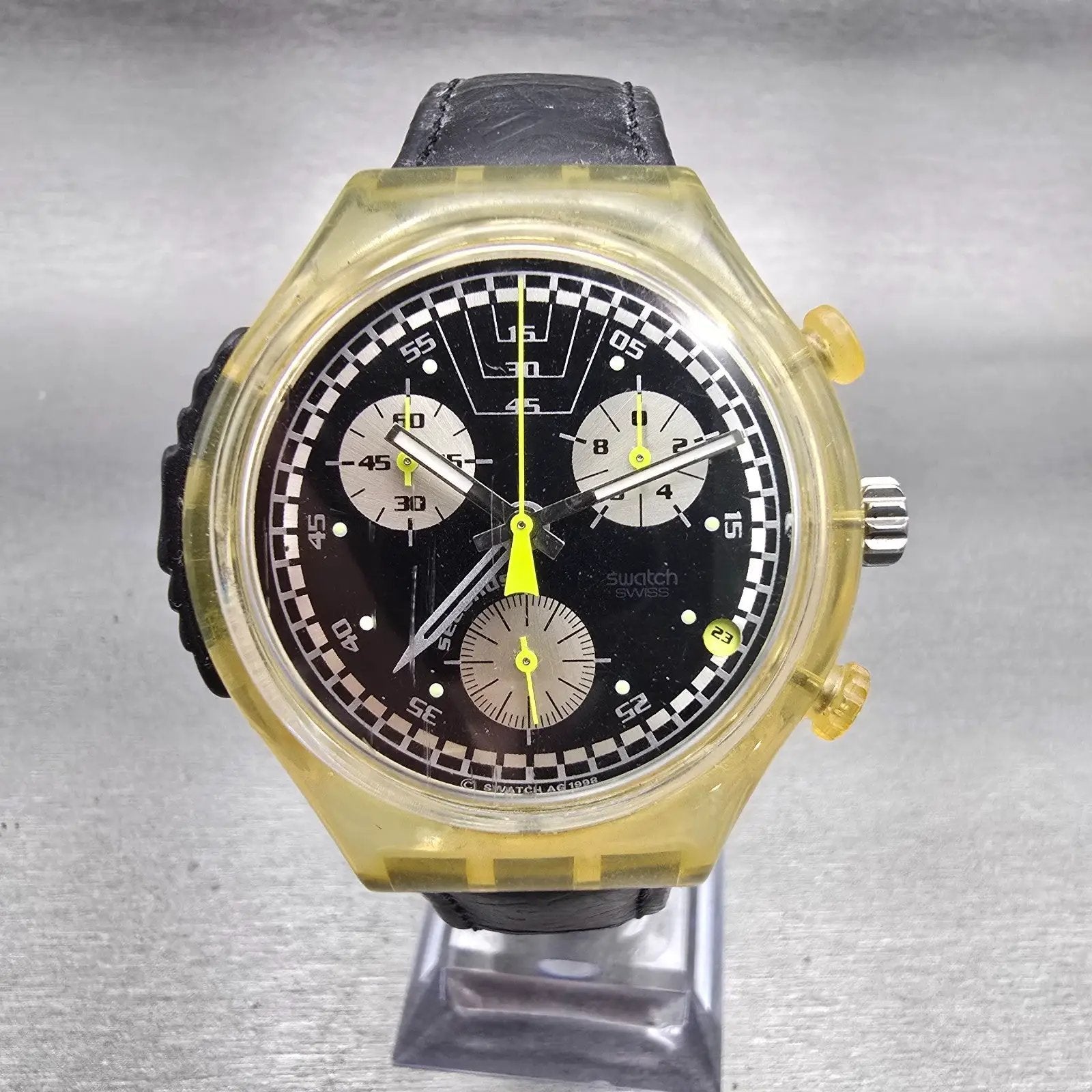 Swatch RAMONEUR Watch Men Black Dial Clear Case Chrono Alarm SOK400 New Battery0