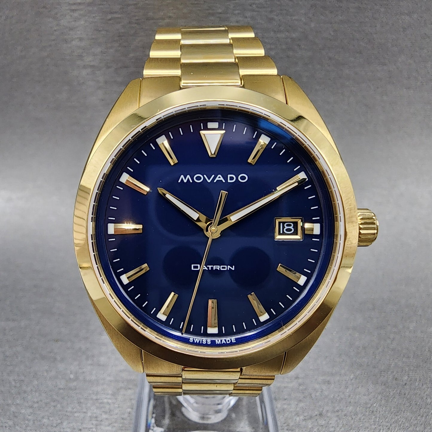 Movado Heritage Datron Watch Men 39mm Blue Dial Gold Tone Date Round 36501430