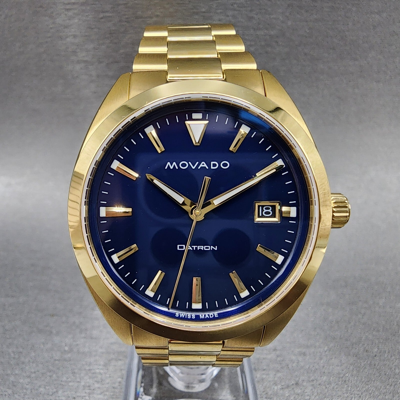 Movado Heritage Datron Watch Men 39mm Blue Dial Gold Tone Date Round 36501430