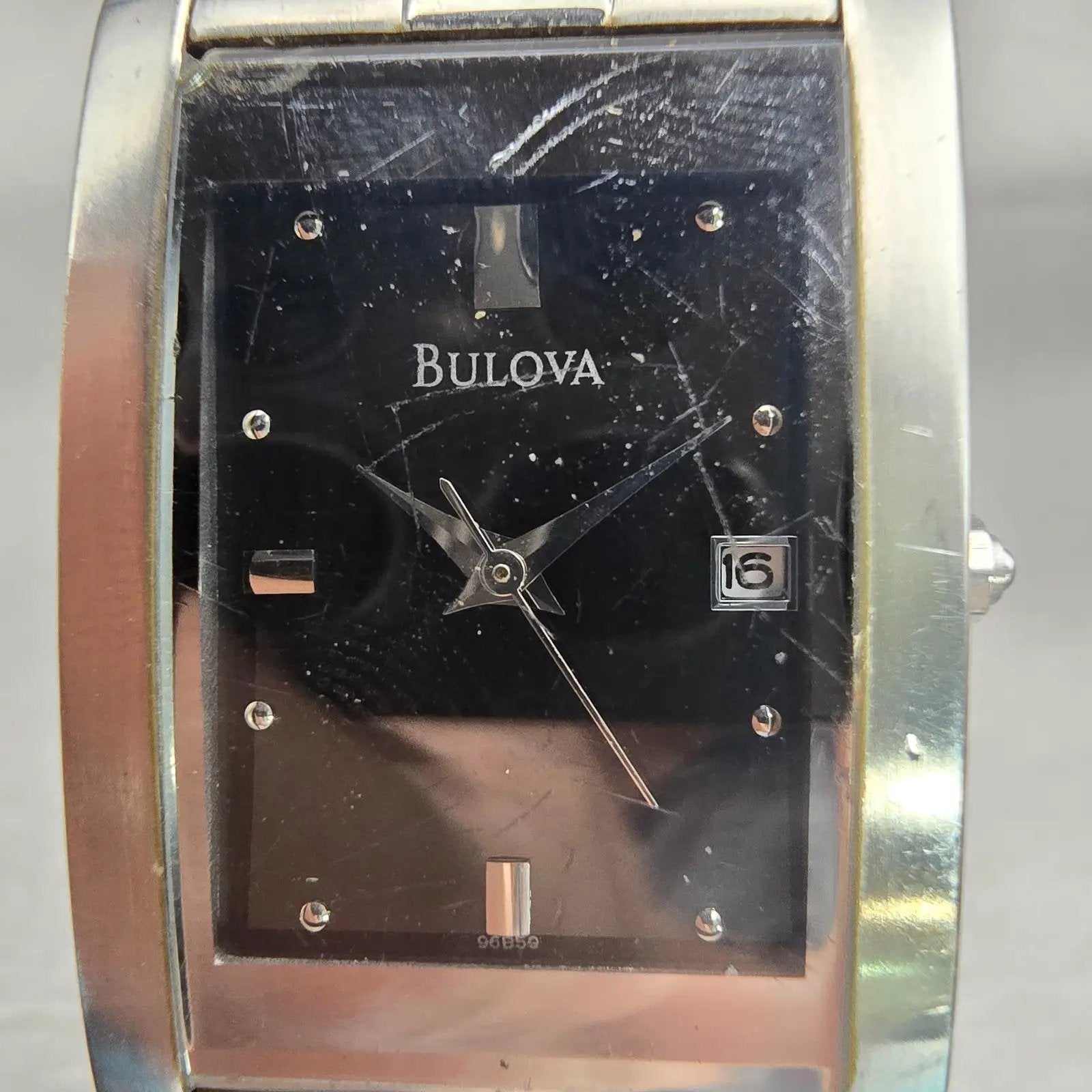 Bulova Watch Men 24mm Black Dial Silver Tone Date Rectangle New Battery Vintage1