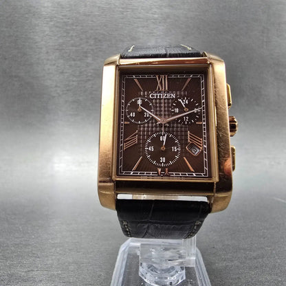 Citizen Eco-Drive Tank Chronograph Watch Men 30mm Brown Dial Rose Gold Date Runs5