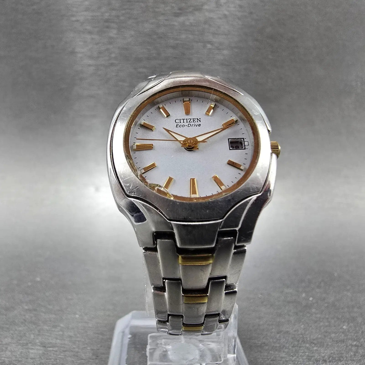 Citizen Eco-Drive Watch Women 25mm White Dial Two Tone Date Round E011 Works5