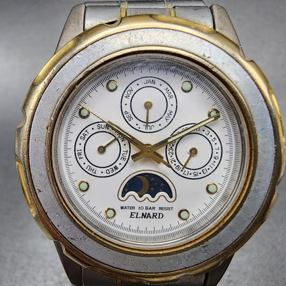 Elnard Triple Calendar Watch Men 37mm White Dial Two Tone Sun&Moon Round New Bat