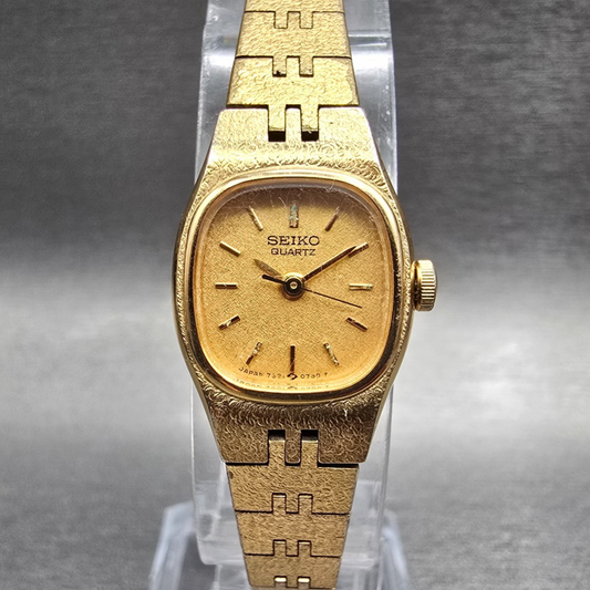 Seiko Watch Women 16mm Gold Dial Gold Tone Oval 7321-5399 New Battery Vintage K0