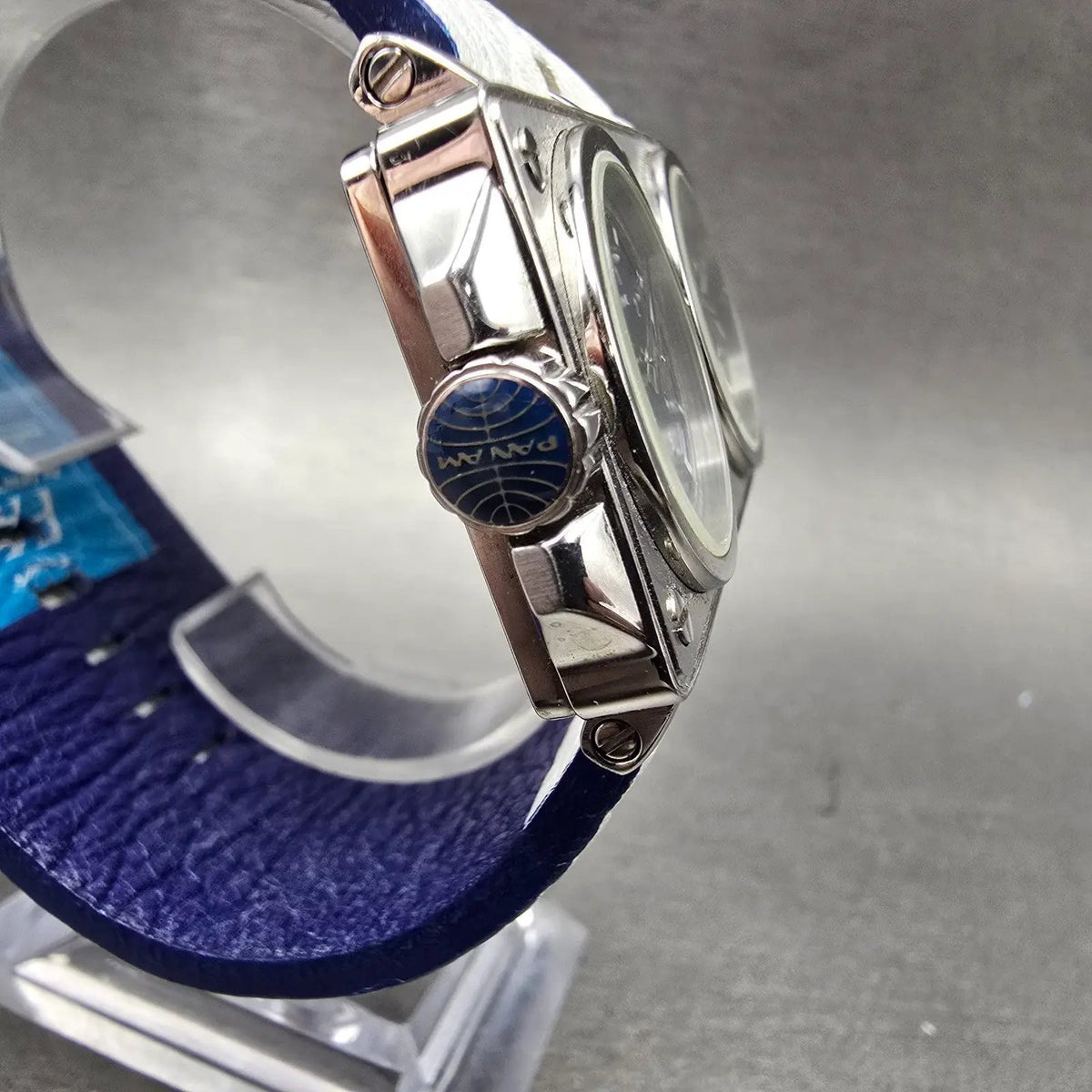 Panam Dual Time Watch Men 56mm Blue Dial Silver Tone Rectangle New Battery5