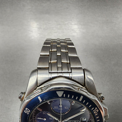 Seiko Chronograph Watch Men 40mm Blue Dial Steel Date Alarm Round New Battery