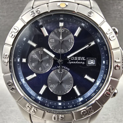 Fossil Speedway Watch Men 41mm Blue Dial Silver Tone Chrono Date Ch-2332 New Bat1