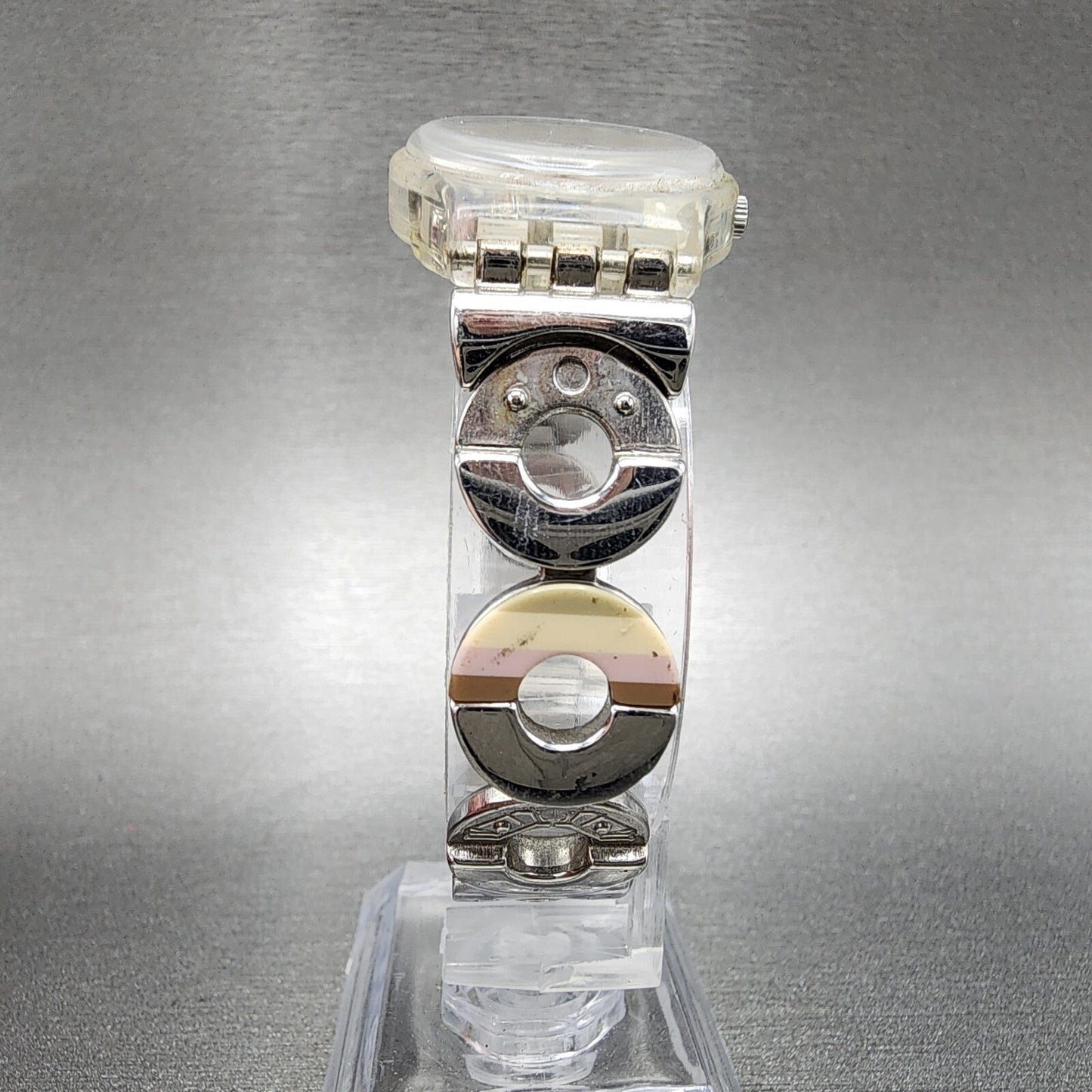 Swatch Metallic Dune Watch Women 25mm Silver Dial Clear Case Round LK258G NewBat5