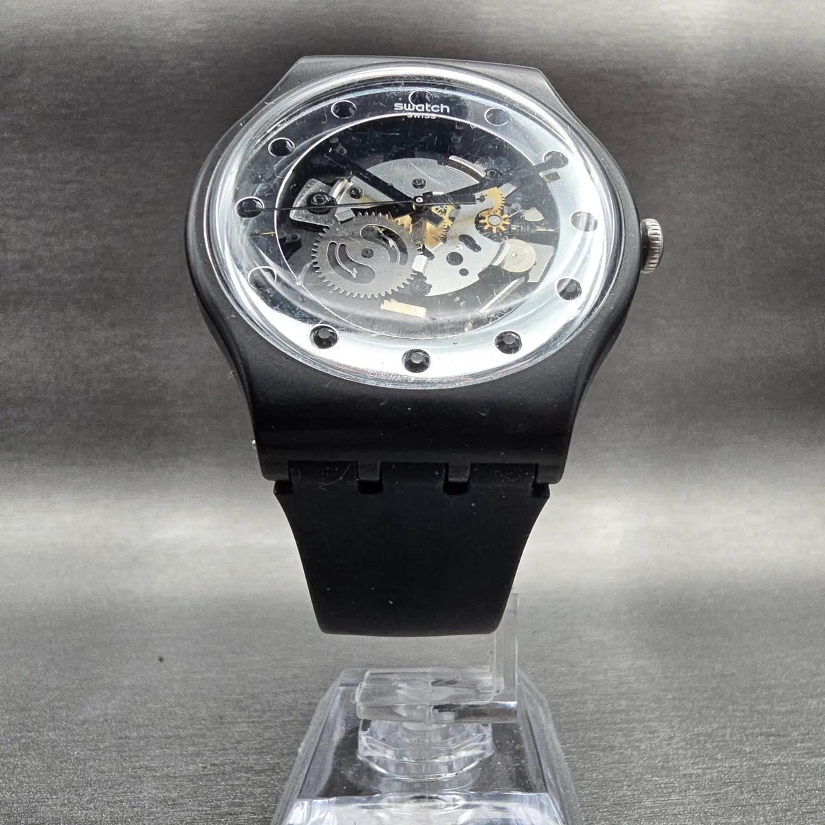 Swatch Silver Glam Watch Men 41mm Skeleton Dial Black Case SO29B109 New Battery7