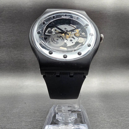 Swatch Silver Glam Watch Men 41mm Skeleton Dial Black Case SO29B109 New Battery7