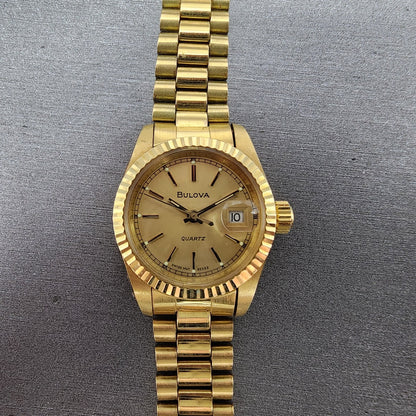 Bulova Watch Women 26mm Gold Dial Gold Tone Date Round BROKEN BAND New Battery0