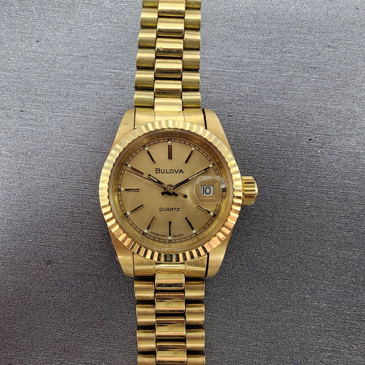 Bulova Watch Women 26mm Gold Dial Gold Tone Date Round BROKEN BAND New Battery0