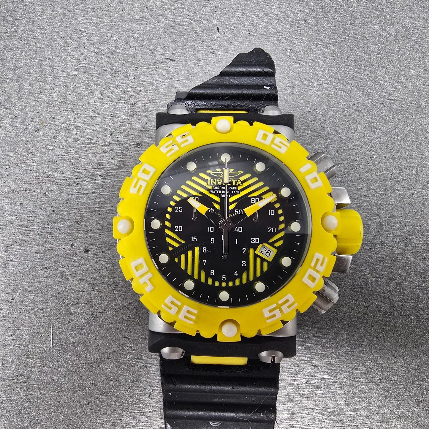 Invicta Chronograph Dive Watch Men 50mm Black Dial Steel Yellow 10038 NewBattery0