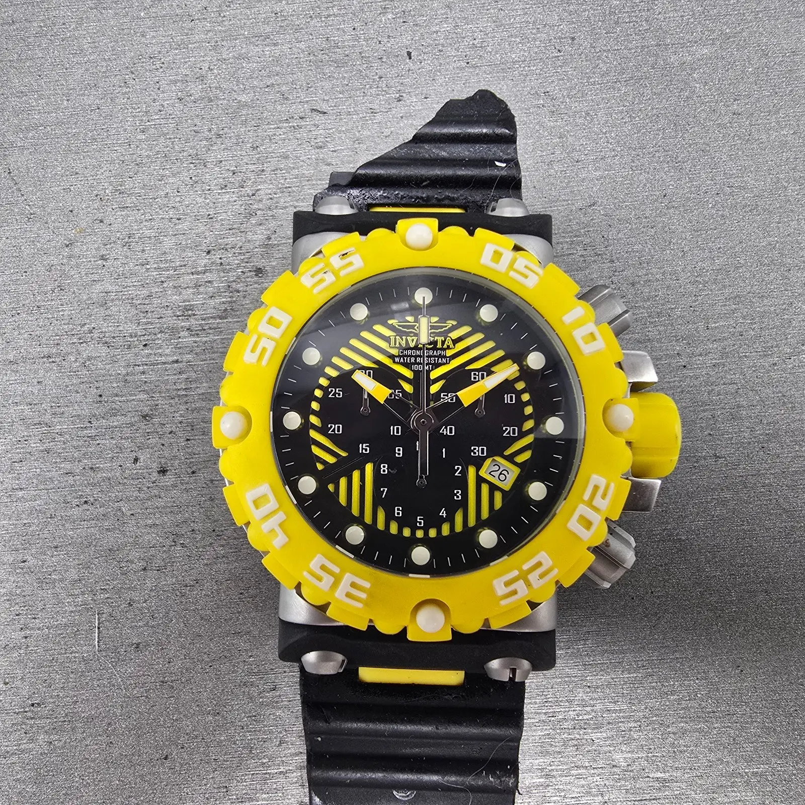 Invicta Chronograph Dive Watch Men 50mm Black Dial Steel Yellow 10038 NewBattery0