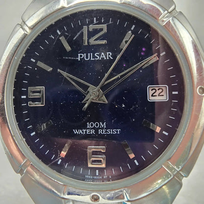 Seiko Pulsar Watch Men 38mm Blue Dial Silver Tone Date Round VX42-V051 New Batt1