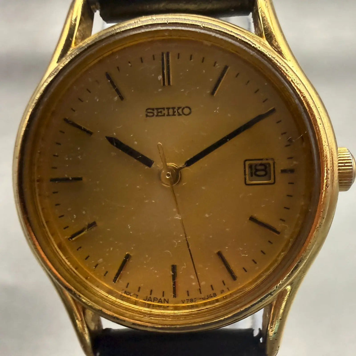 Seiko Watch Women 25mm Gold Dial Gold Tone Date Round V782-6E50 New Battery VTG1