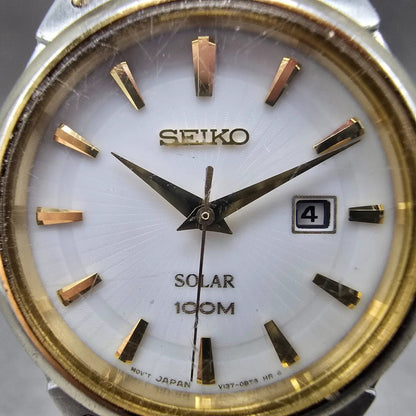 Seiko Solar Watch Women 30mm White Dial Two Tone Date Round V137-0AX0 Runs JP1