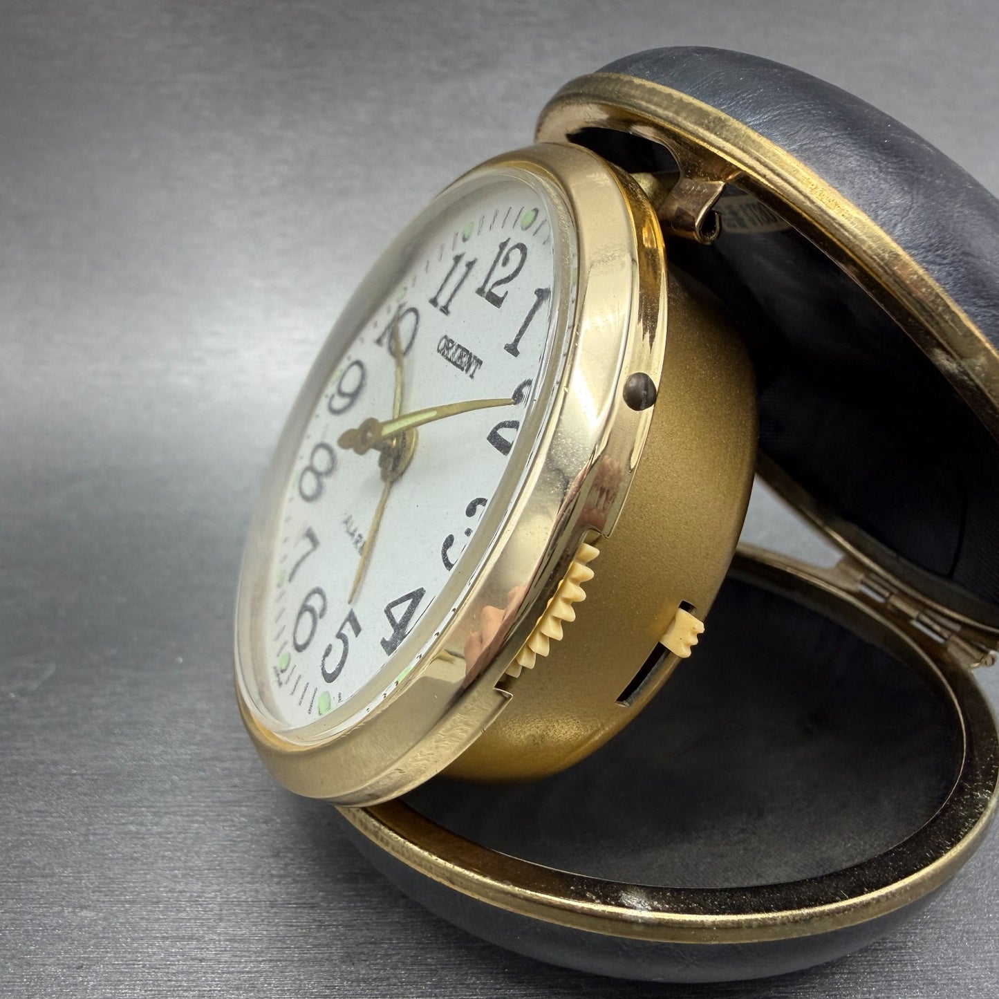 Orient Travel Alarm White Dial Gold Tone Brown Case Manual Wind Runs VTG2