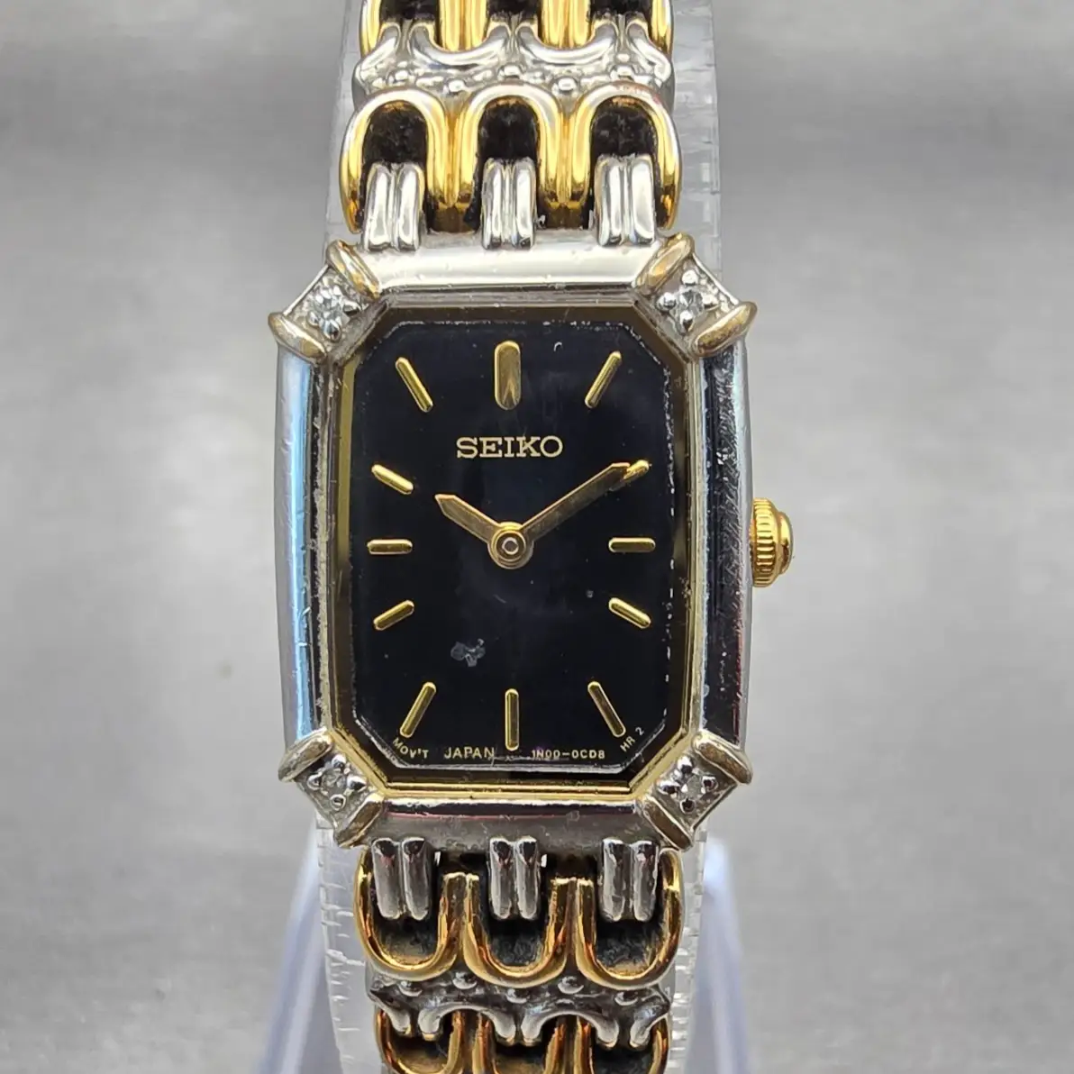 Seiko Watch Women 16mm Black Dial Two Tone Rectangle 1N00-0BK0 New Battery VTG0