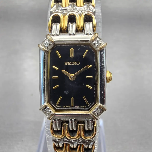 Seiko Watch Women 16mm Black Dial Two Tone Rectangle 1N00-0BK0 New Battery VTG0