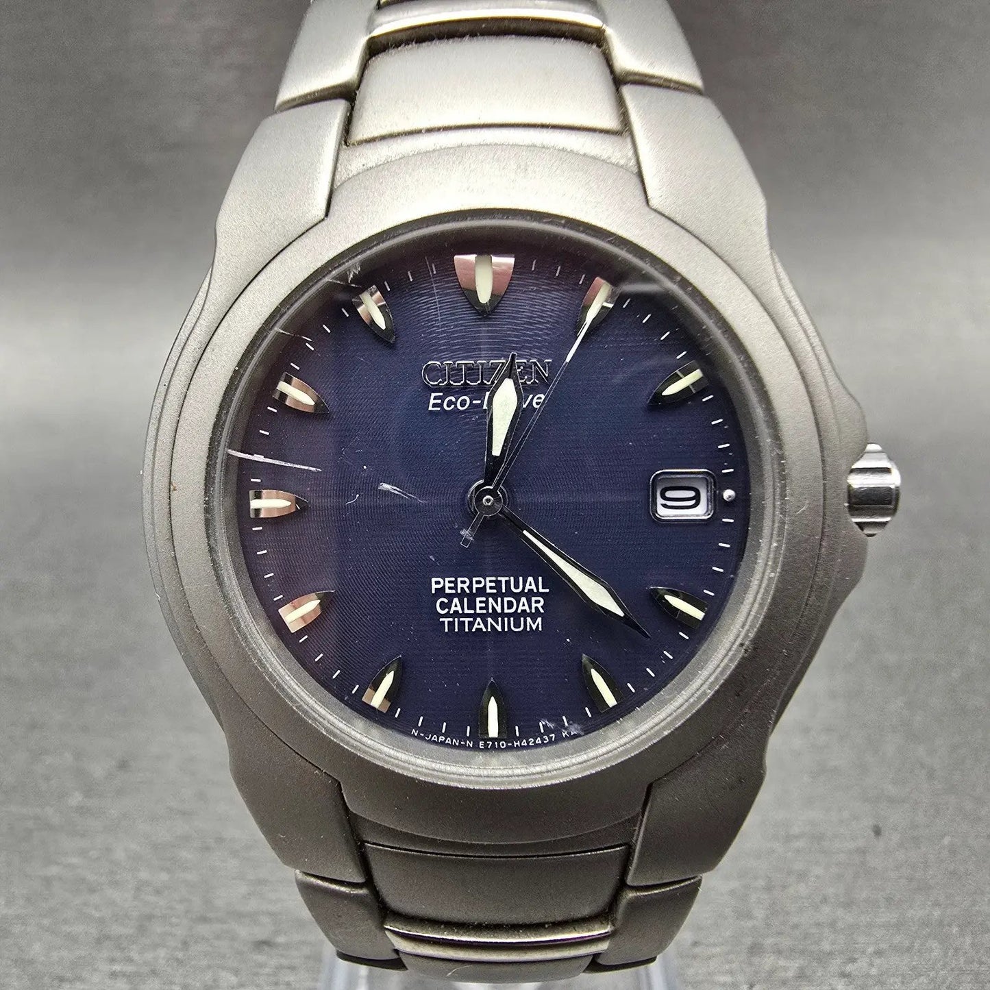 Citizen Eco-Drive Perpetual Calendar Watch Men 36mm Blue Dial Titanium Date Runs0