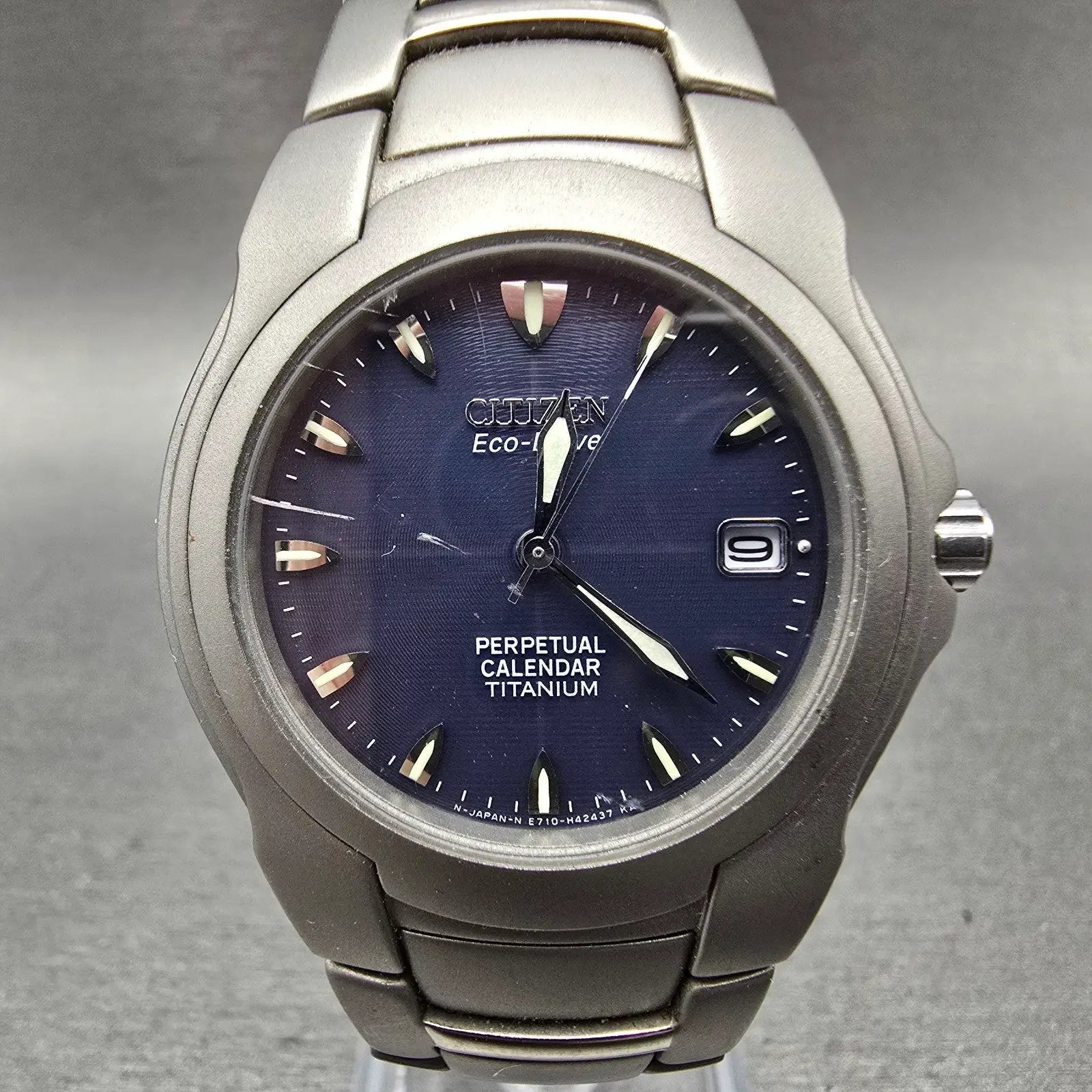 Citizen Eco-Drive Perpetual Calendar Watch Men 36mm Blue Dial Titanium Date Runs0