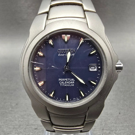Citizen Eco-Drive Perpetual Calendar Watch Men 36mm Blue Dial Titanium Date Runs0