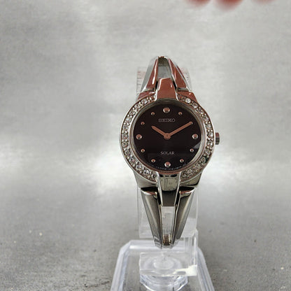 Seiko Solar Watch Women 22mm Black Dial Silver Tone Round Crystal Bezel Runs5