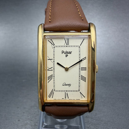 Seiko Pulsar Tank Watch Men 24mm Cream Dial Gild Tone V250-5000 New Battery VTG0