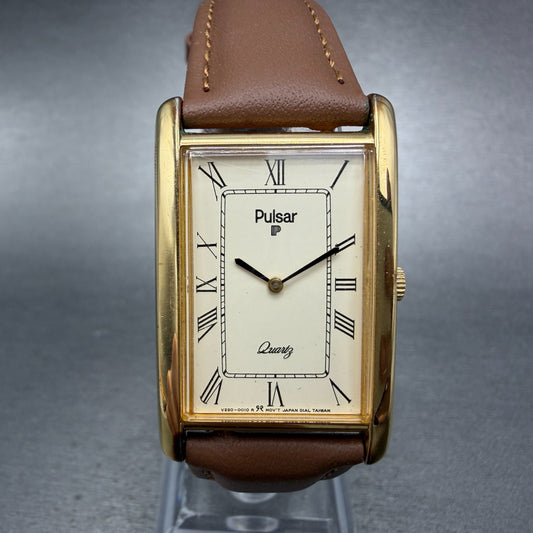 Seiko Pulsar Tank Watch Men 24mm Cream Dial Gild Tone V250-5000 New Battery VTG0