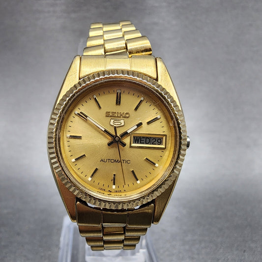 Seiko 5 Automatic Watch Women 25mm Gold Dial Gold Tone Daydate 42060510 PARTS0