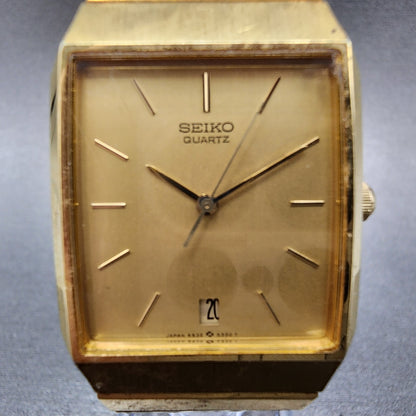 Seiko Tank Watch Men 26mm Champagne Dial Gold Tone Date 6532-5230 New Battery