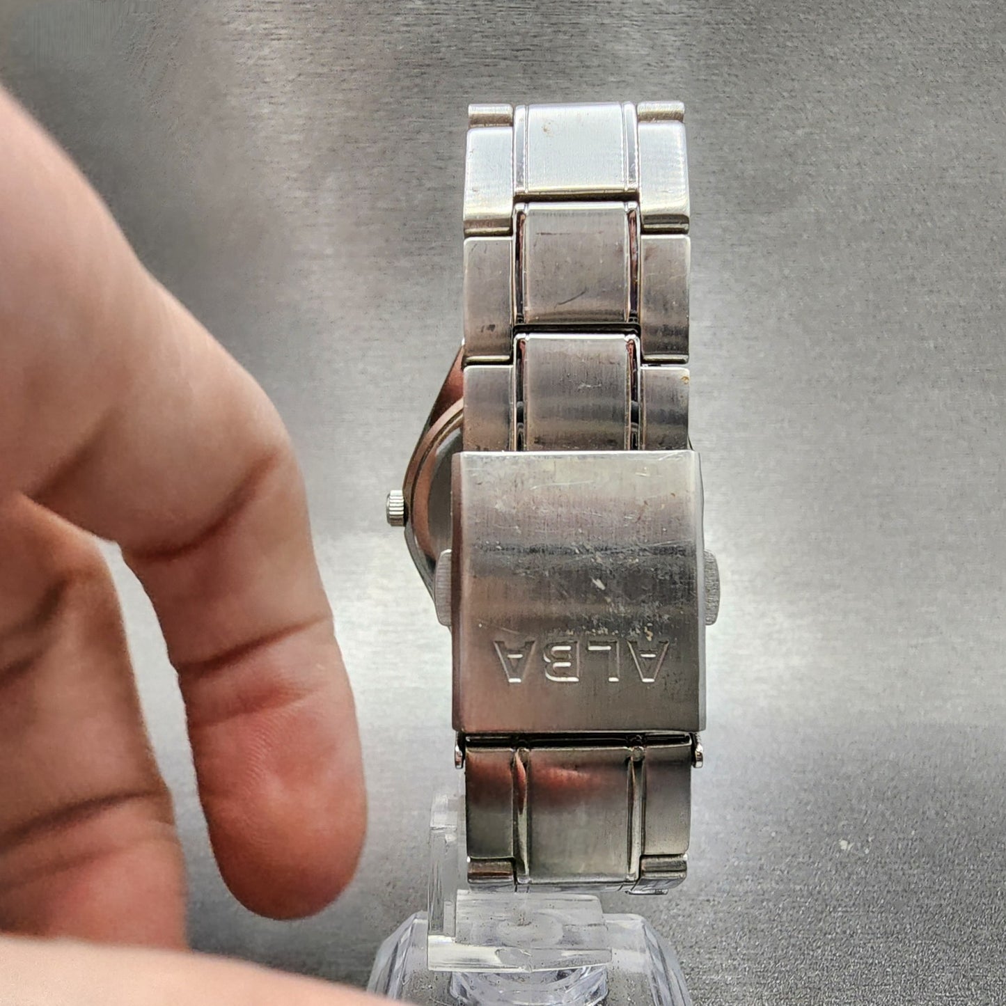 Seiko ALBA Solar Watch Men 36mm Black Dial Silver Tone Daydate Round V158 Runs7