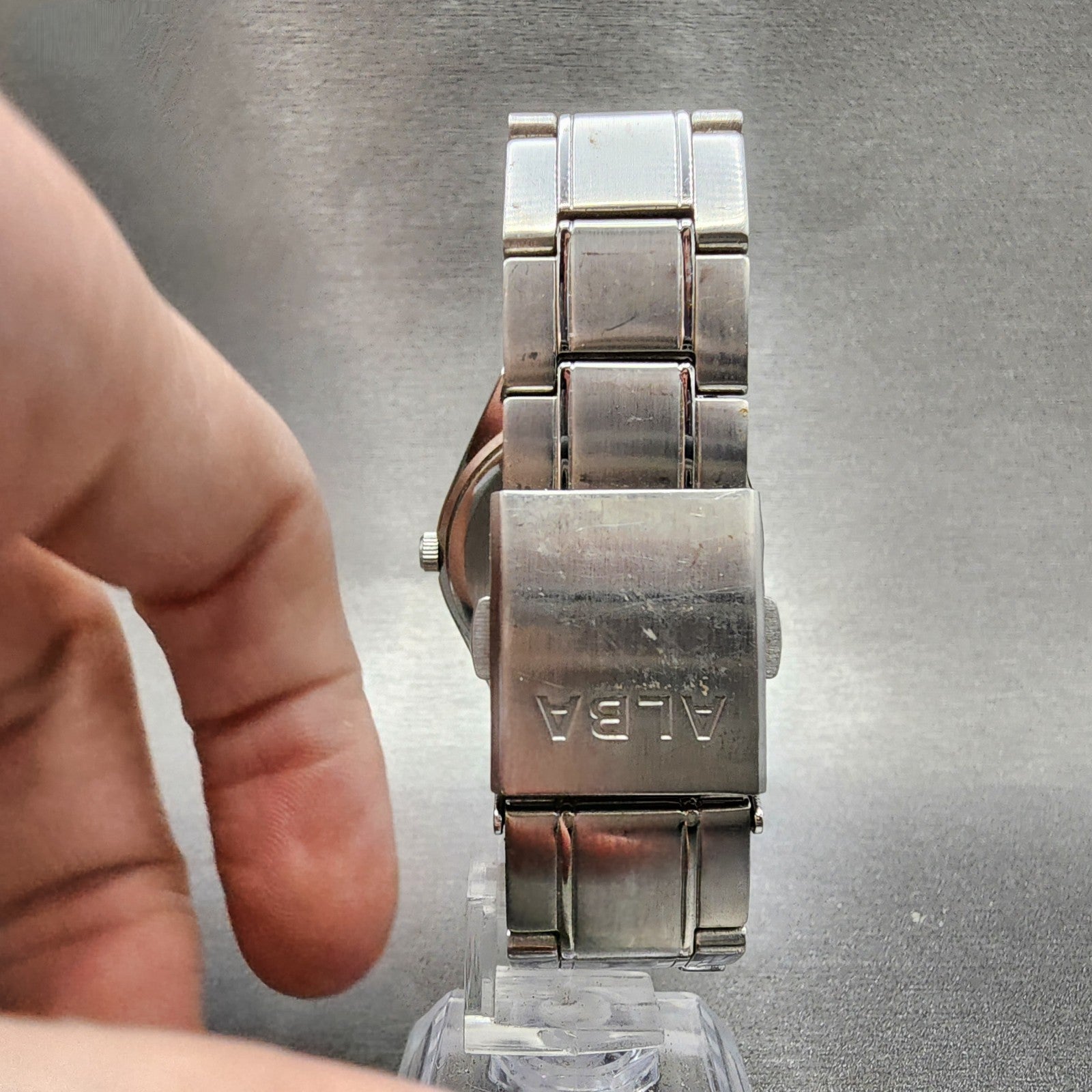 Seiko ALBA Solar Watch Men 36mm Black Dial Silver Tone Daydate Round V158 Runs7