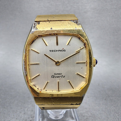Technos Summit Quartz Watch Men 33mm White Dial Gold Tone Octagon New Battery0