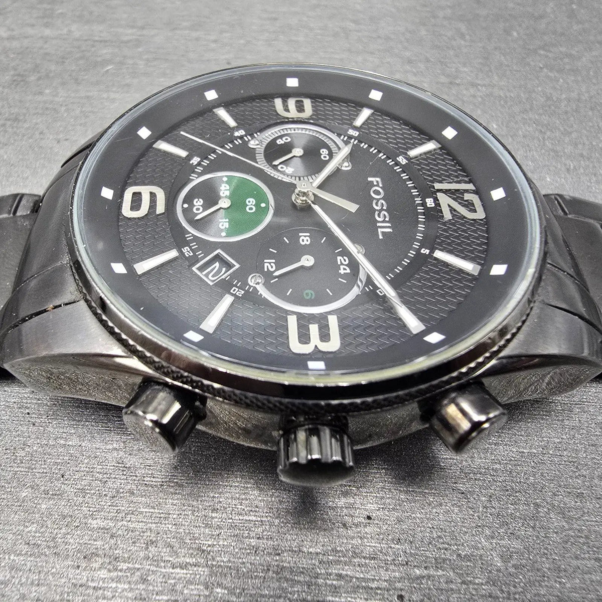 Fossil Chronograph Watch Men 49mm Black Dial Black Tone Date Round FS4446 PARTS4