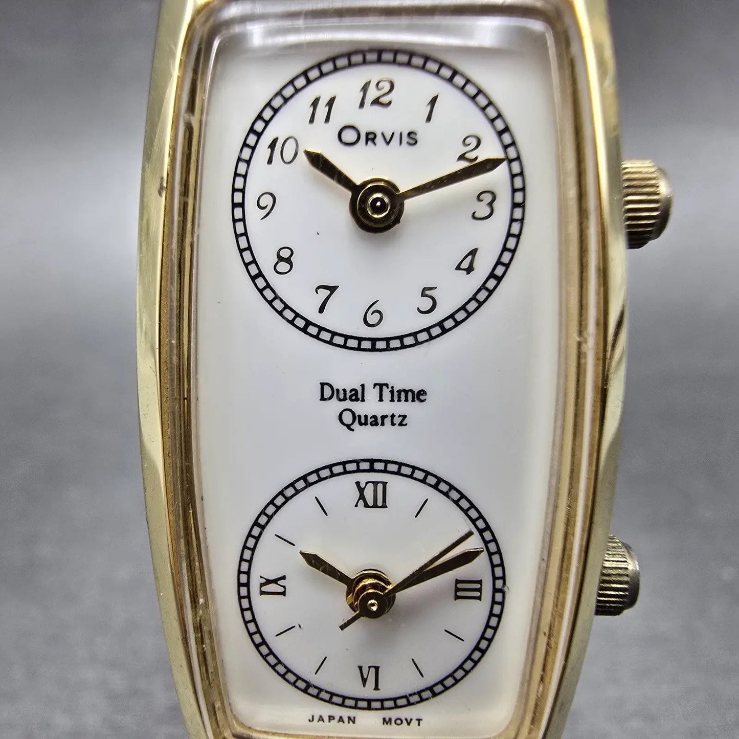 Orvis Dual Time Watch Women 19mm White Dial Gold Tone Rectangle New Battery1