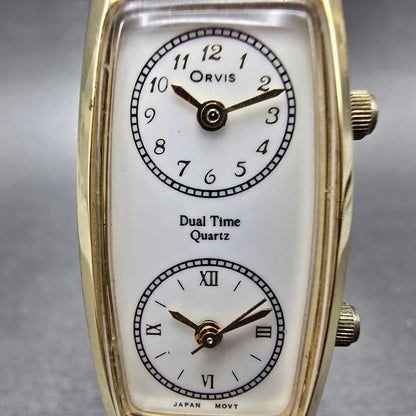 Orvis Dual Time Watch Women 19mm White Dial Gold Tone Rectangle New Battery1