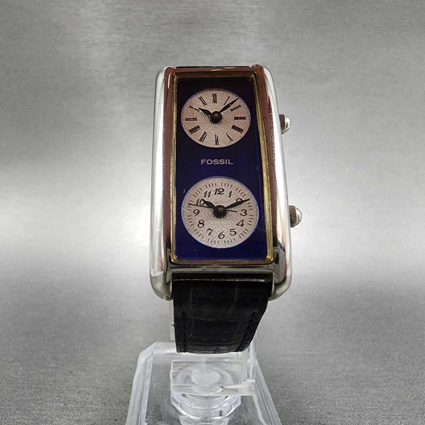 Fossil Dual Time Watch Women 21mm Blue Dial Steel Rectangle READ!!!! DR21055