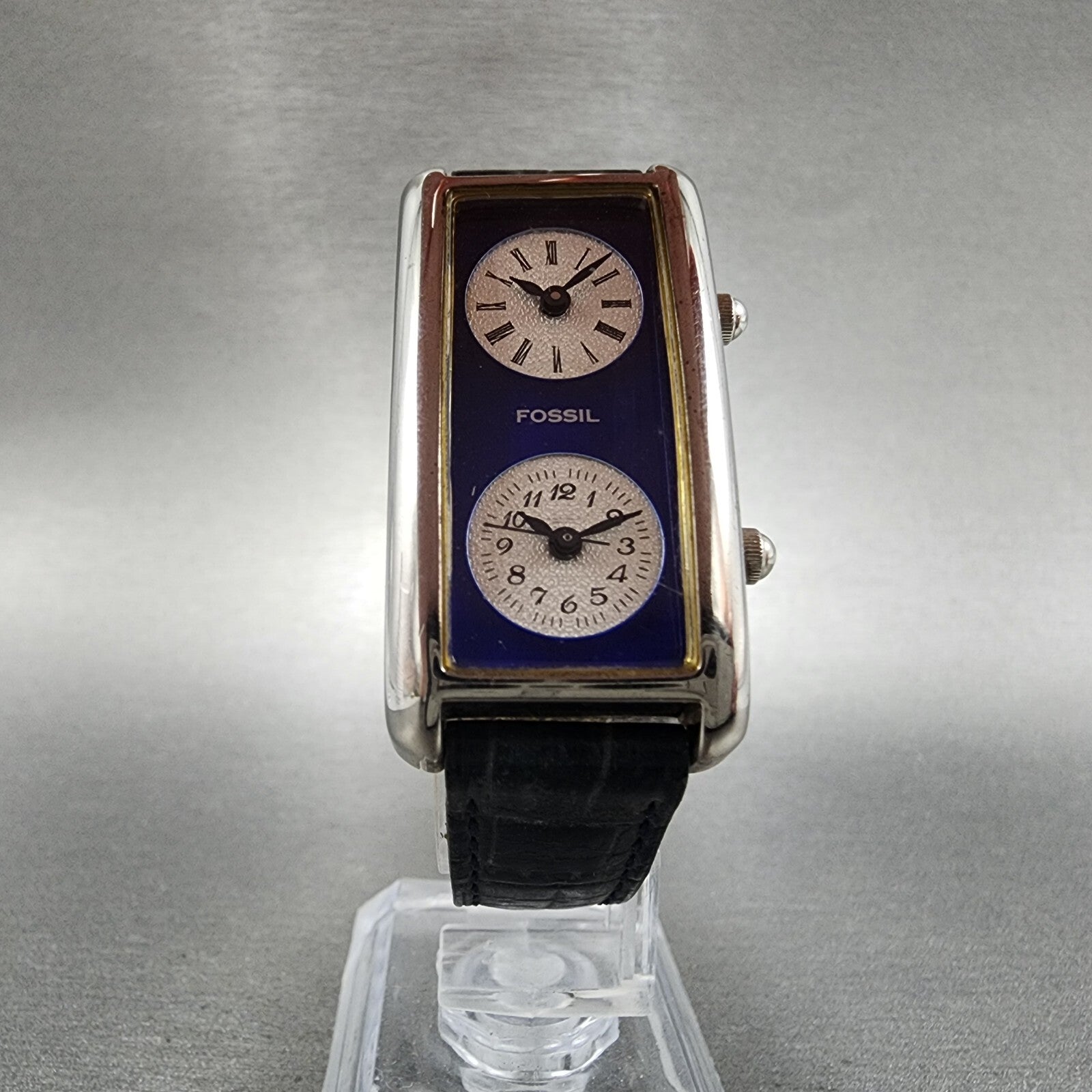 Fossil Dual Time Watch Women 21mm Blue Dial Steel Rectangle READ!!!! DR21055