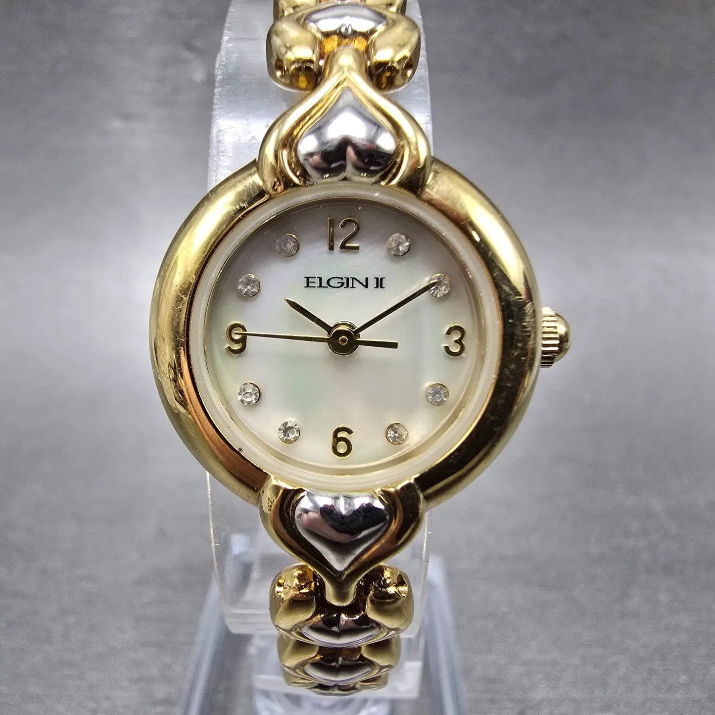 Elgin Watch Women 22mm MOP Dial Gold Tone Round Hearts ELT208ST New Battery0