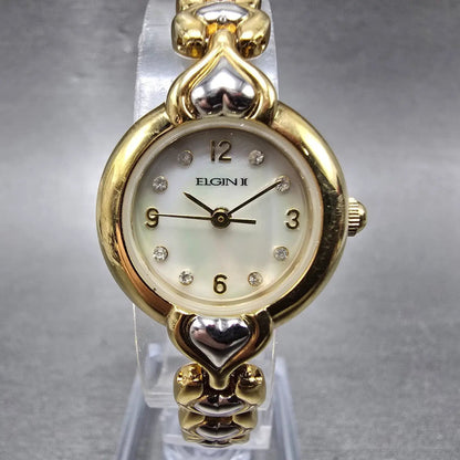 Elgin Watch Women 22mm MOP Dial Gold Tone Round Hearts ELT208ST New Battery0