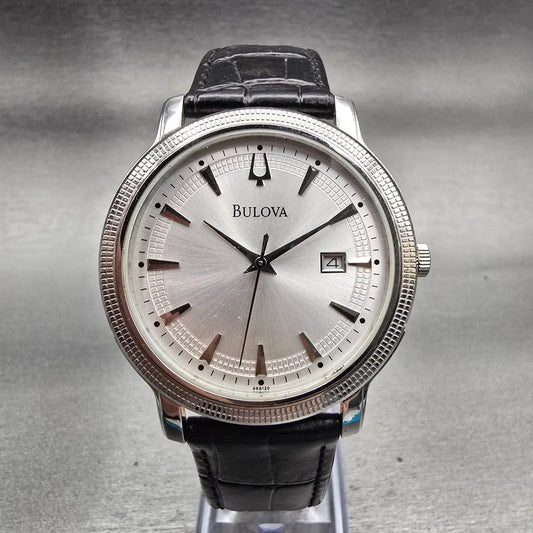 Bulova Watch Men 40mm Silver Dial Silver Tone Date Round 96B120 New Battery0
